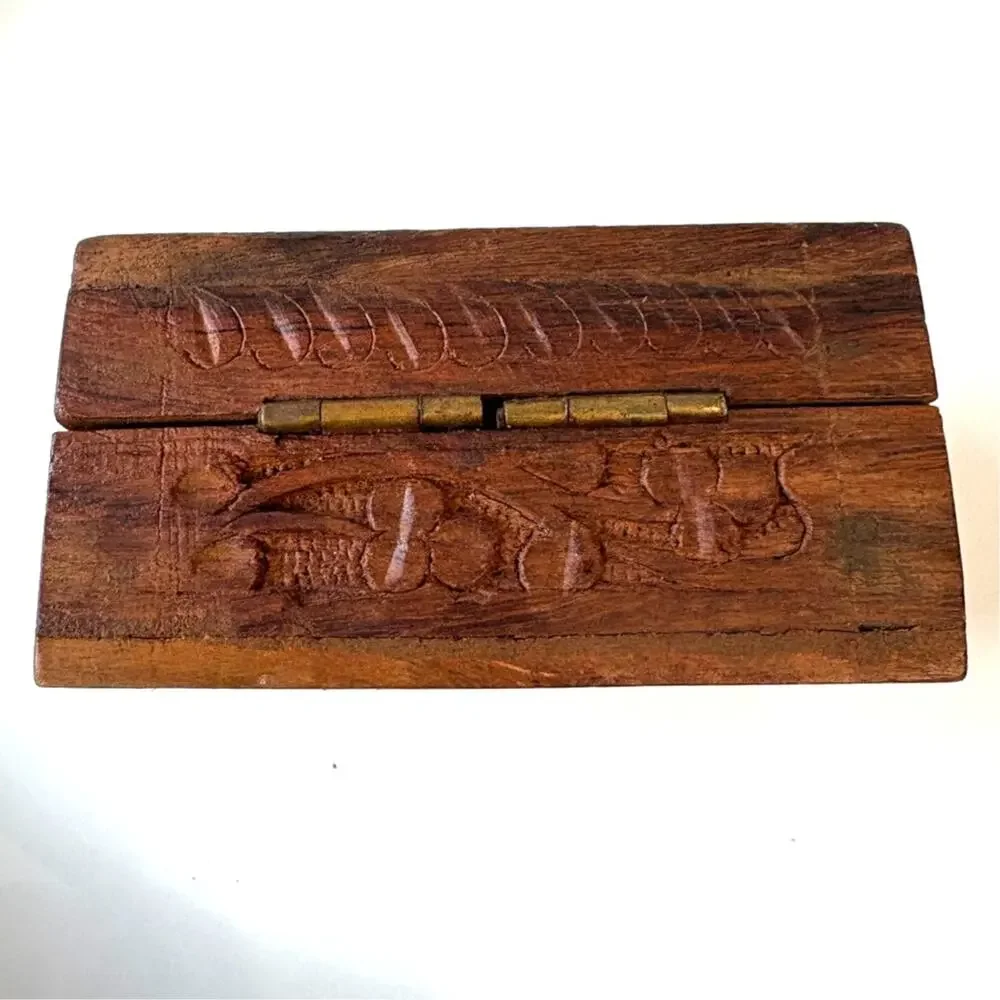 Vintage Folk Art Hand Carved Wood With Inlay Trinket Box